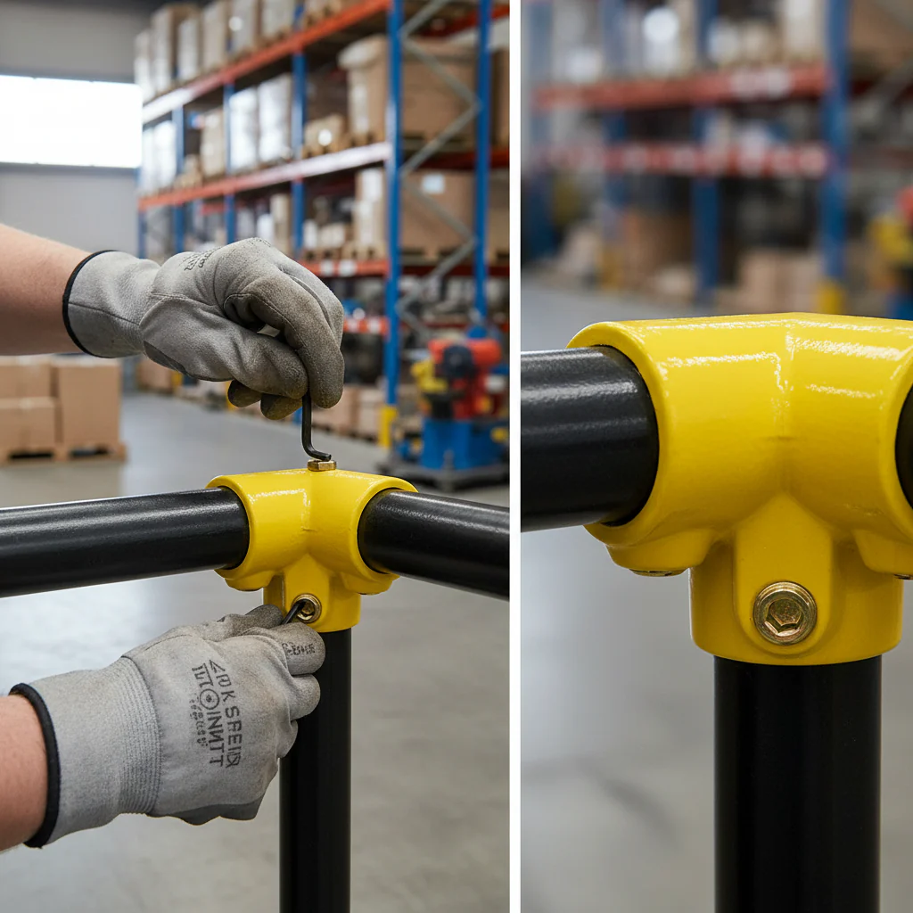 Premium 3 Way Top Rail Corner Key Clamp for 33.7mm Tube - Yellow Powder Coated Design for Internal Installations