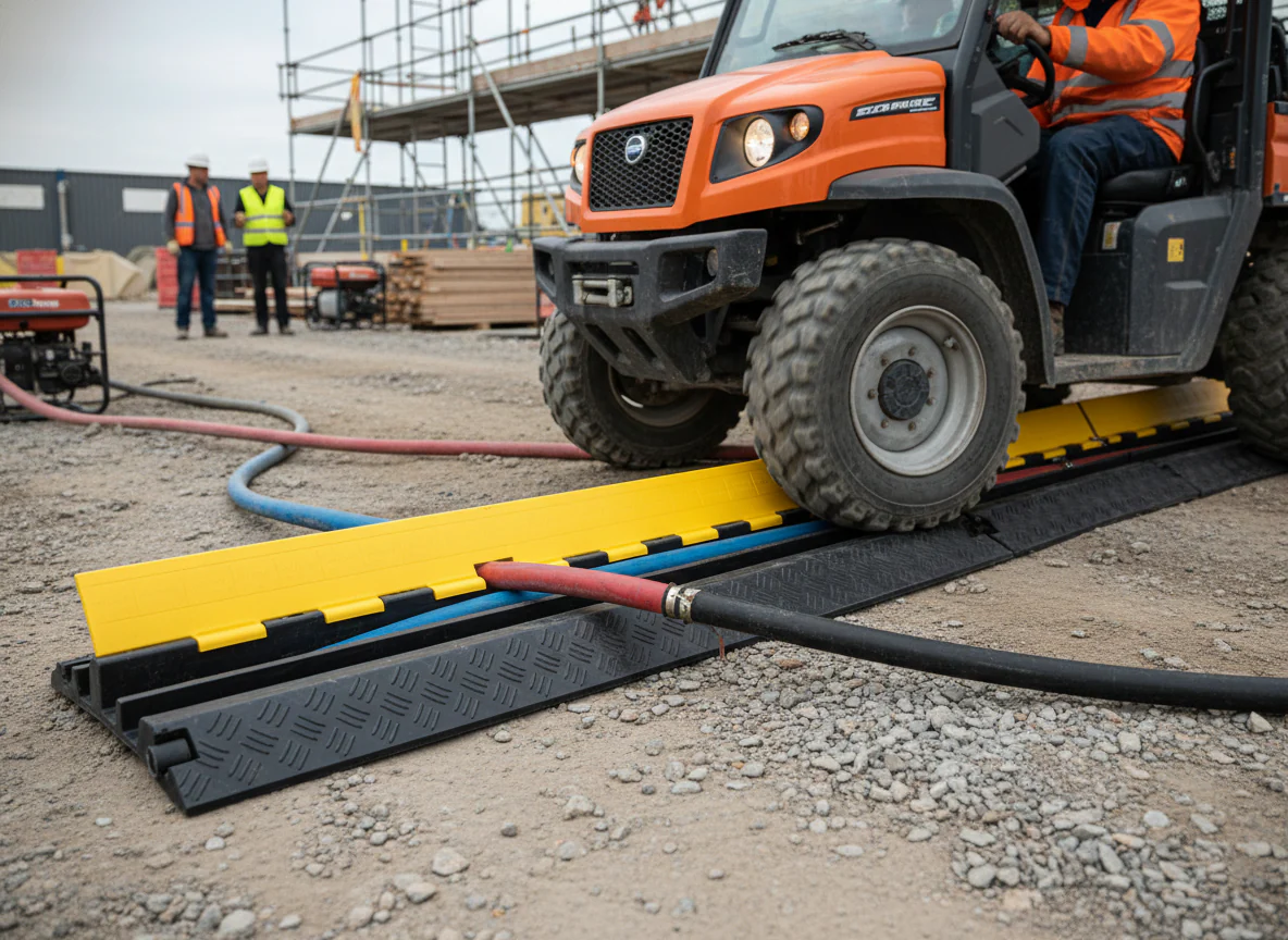 Premium Heavy Duty Hose and Cable Protection Ramp with High Load Capacity, Polyurethane Construction, and Hinged PVC Lid for Safety