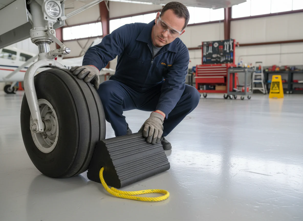 Premium Heavy Duty Rubber Aircraft Wheel Chock 225 x 195 x 333 mm with Yellow Carrying Rope for Safe Use
