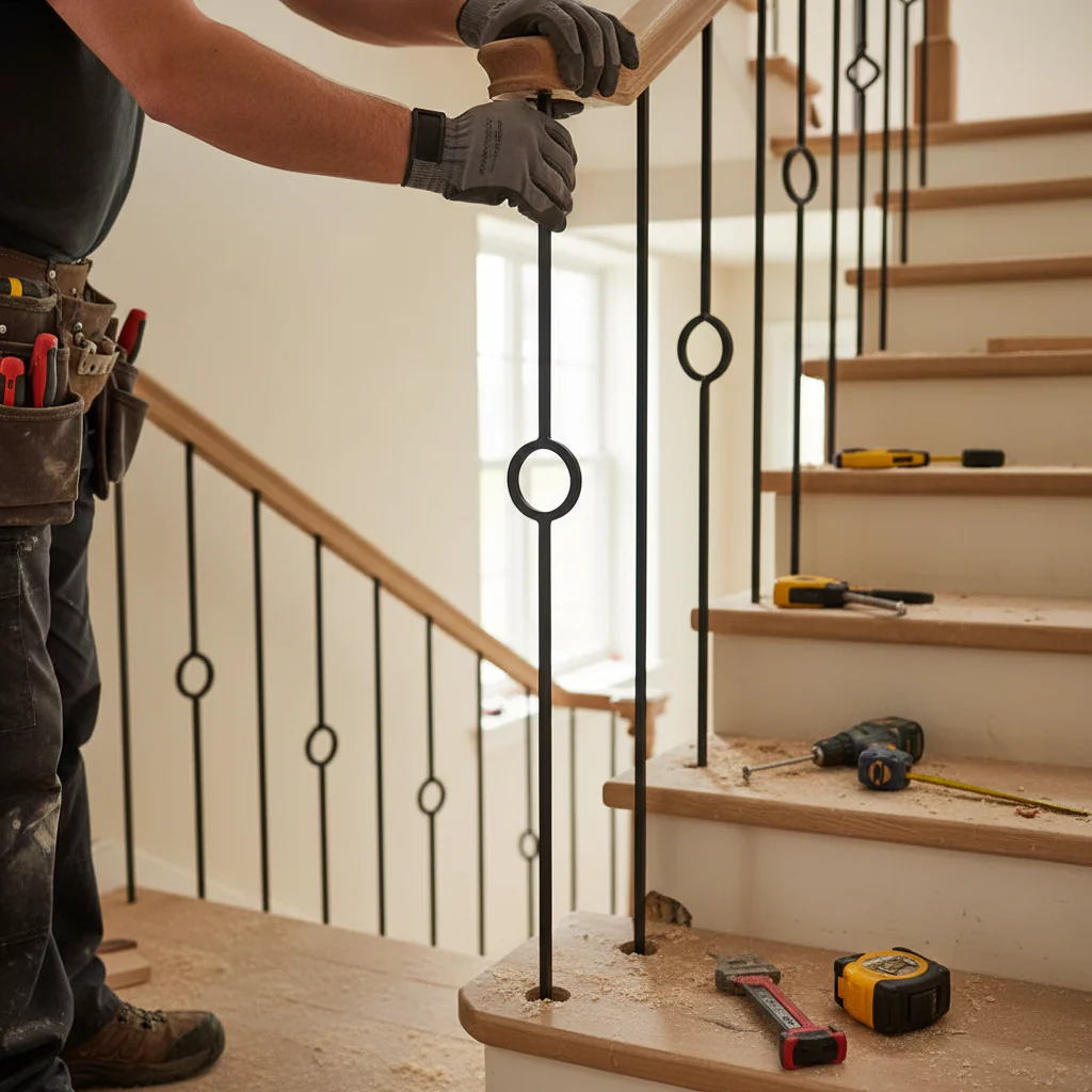 Premium Heavy Duty Stair Spindle with Single Circle Panel, 12.5mm Square Hollow, Powder Coated Black Finish, 1117mm Height