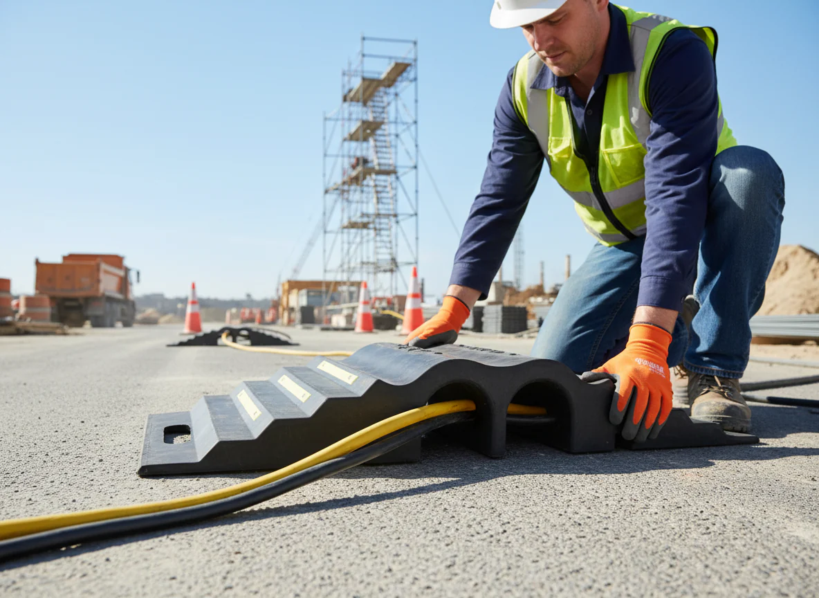 Premium 2-Channel Lidded Cable Ramp for Pedestrian and Vehicle Protection - 850 x 300 x 125 mm, Max Load 44 Tonnes