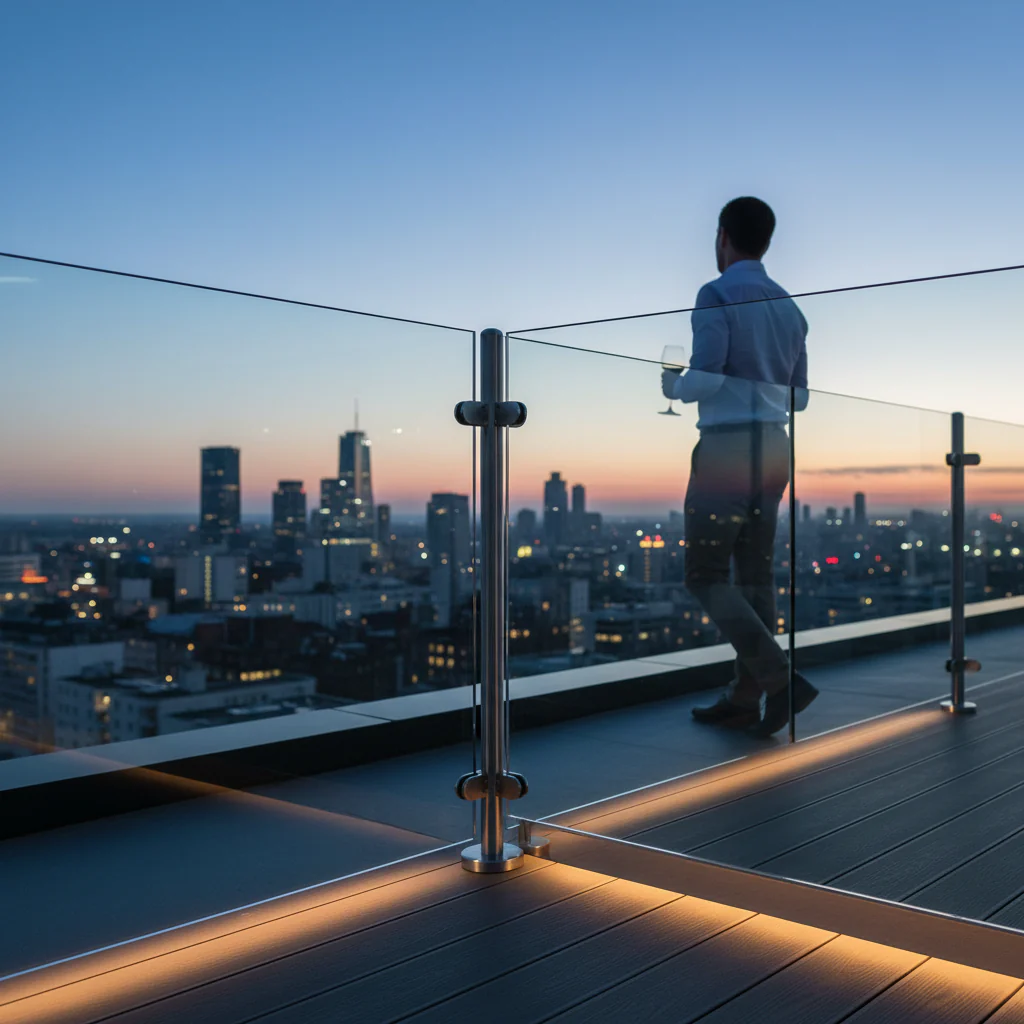 Premium Stainless Steel Glass Balustrade Corner Post 48.3mm with Post Cap, 1100mm Height and Adjustable Glass Clamps - Image 2