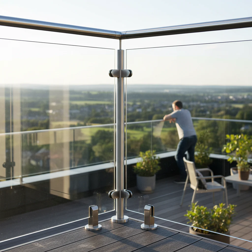 Premium Stainless Steel Ready Made Glass Balustrade Corner Post Kit 48.3mm with Pre-Drilled Holes and Glass Clamps - Image 2