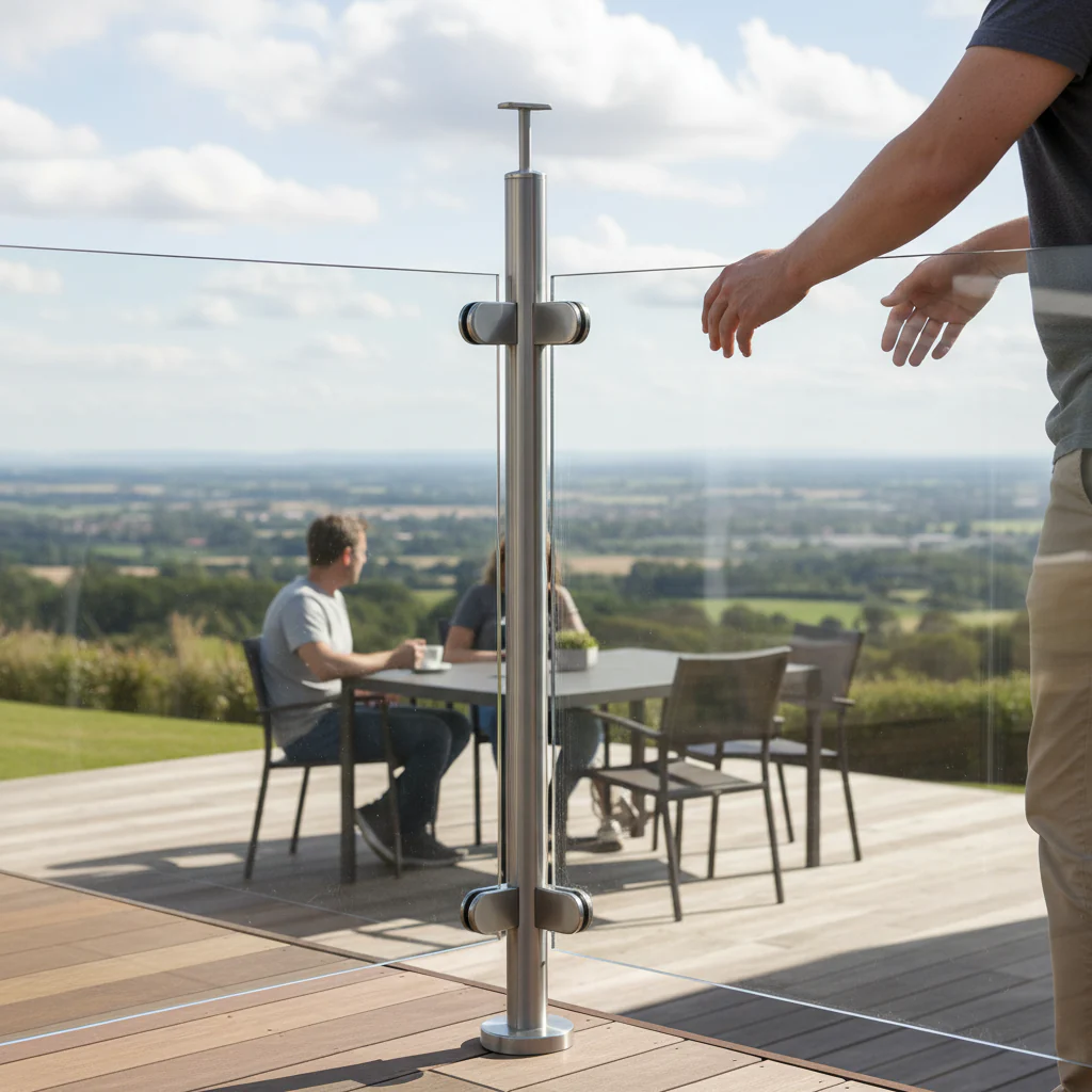 Premium 304 Stainless Steel Ready Made Glass Balustrade Kit Mid Post with 42.4mm Diameter and 120mm Base Plate