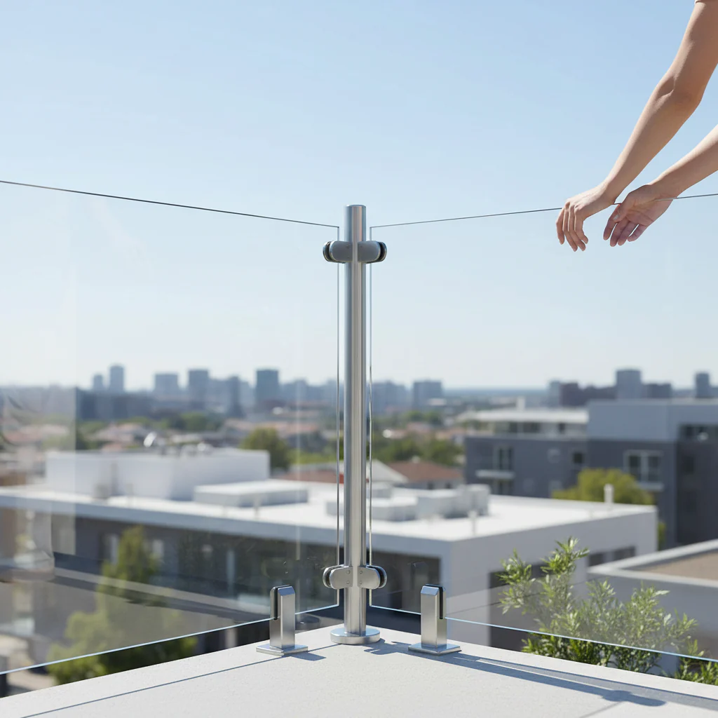 Premium 316 Stainless Steel Ready Made Glass Balustrade Kit Corner Post 42.4mm with Pre-Drilled Holes and Glass Clamps