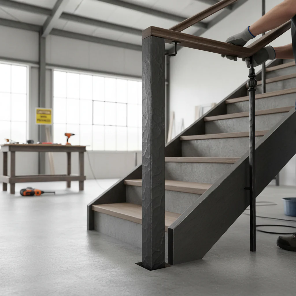 Premium 30mm Hammered Edge Bar Forged Centre Newel Post at 1100mm Height for Sturdy Staircase Support