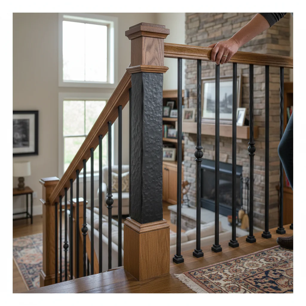Premium 30mm Hammered Edge Bar Forged Centre Newel Post at 1100mm Height for Sturdy Staircase Support - Image 2