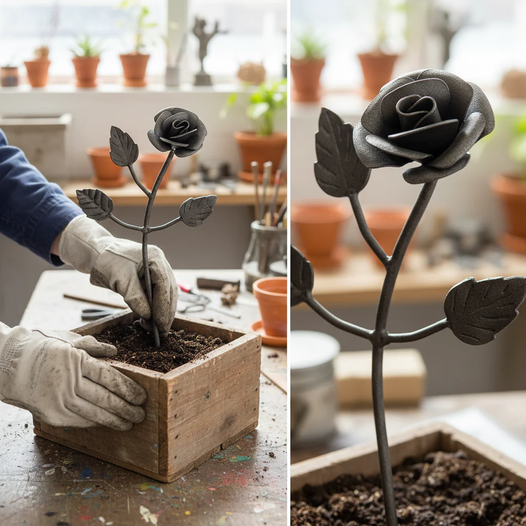 Premium Mild Steel Decorative Rose with 3 Leaves, 270mm High for Garden and Landscape Design