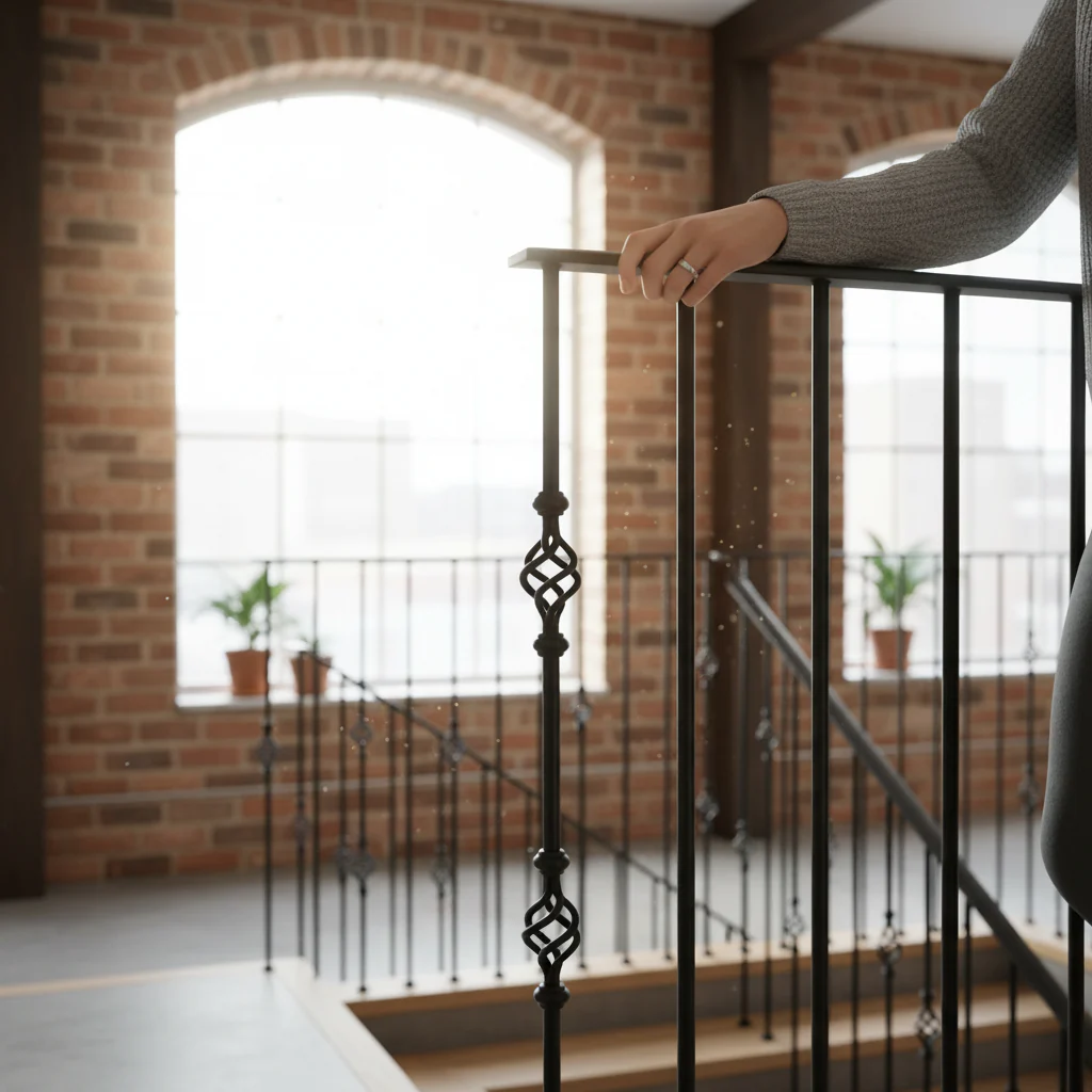 Premium 16mm Diameter Round Hollow Bar Stair Spindle with Double Basket Design, Powder Coated Black Finish, Height 1117mm