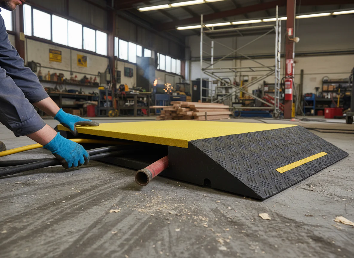 Professional Heavy Duty Polymer Cable Hose Ramp with Non-Slip Wedges and High Visibility Footbridge – 1560 x 880 x 125mm