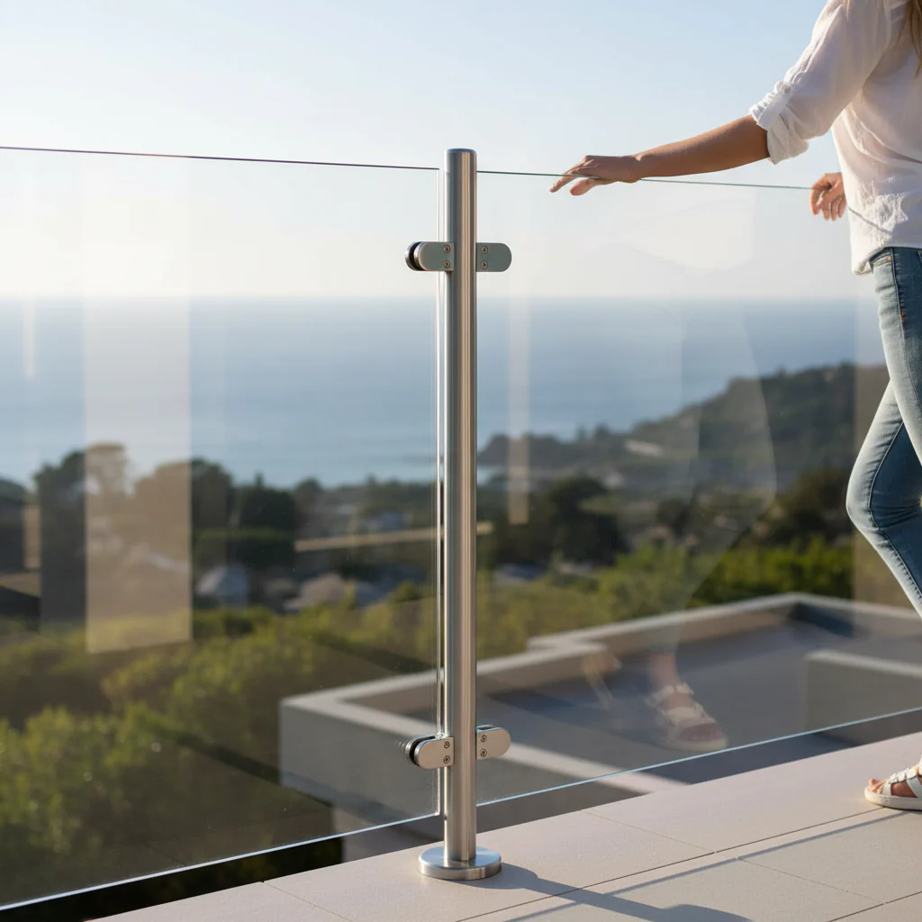 Professional 316 Stainless Steel Glass Balustrade Mid Post 42.4mm x 2.0mm with Radiused Post Cap and Compatible Glass Clamps - Image 2