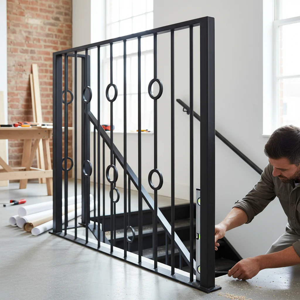 Premium Square Hollow Double Circle Stair Spindle 12.5mm, 1117mm Height with Powder Coated Black Finish